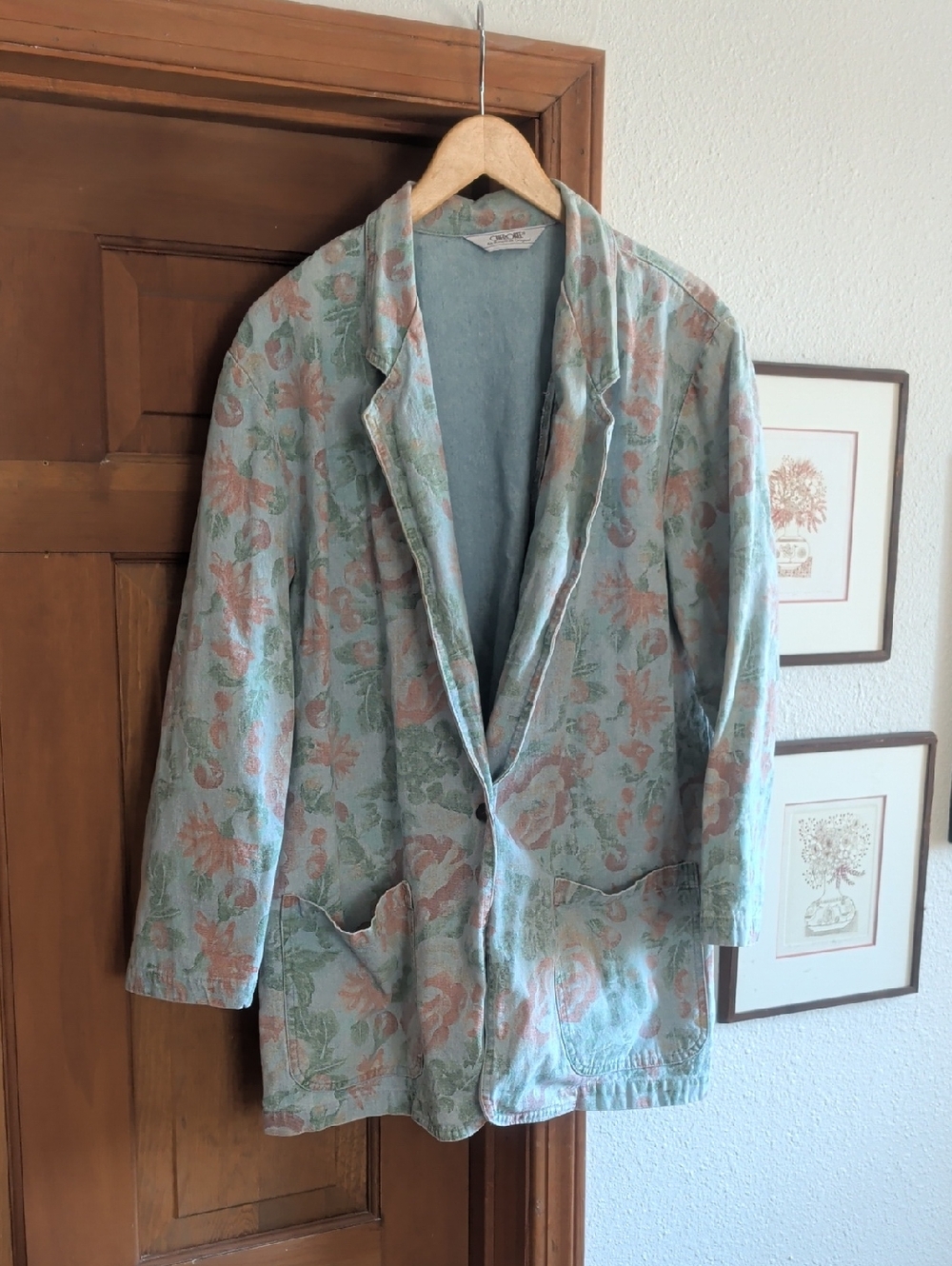 Vintage, Cherokee Brand Light Blue Floral Denim Blazer